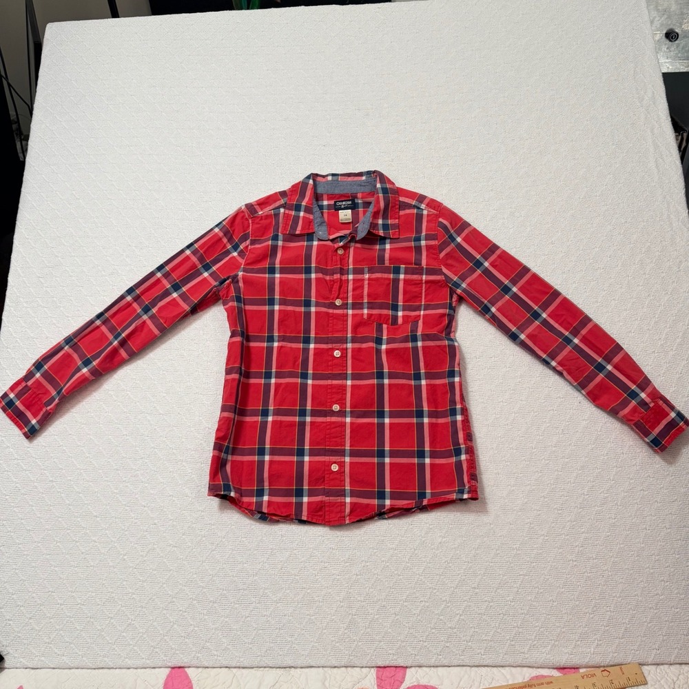 OshKosh Bgosh Boys Size 14 Red Navy Blue Plaid Cotton Button Down Shirt 38003912